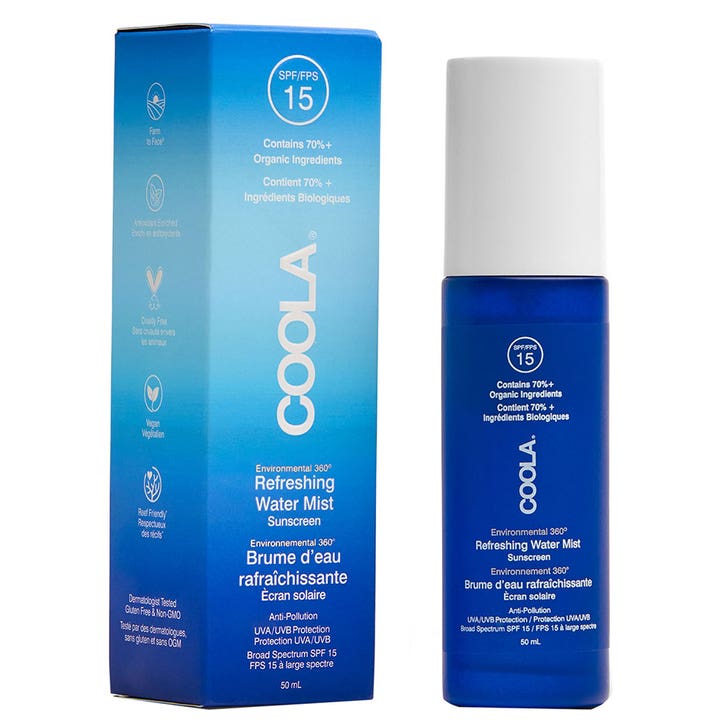 Coola Refreshing Water Mist 50 ml ekologisk solskydd ansikte spray i blå flaska och kartong.