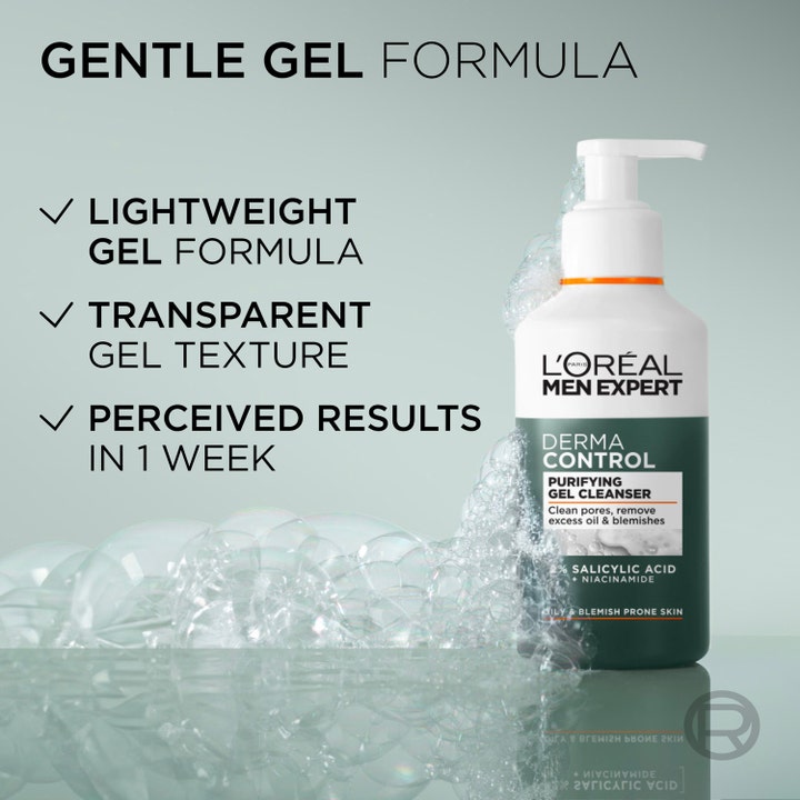 L'Oréal Paris Men Expert Derma Control 260 ml gelrengöring omgiven av löddrande tvålbubblor