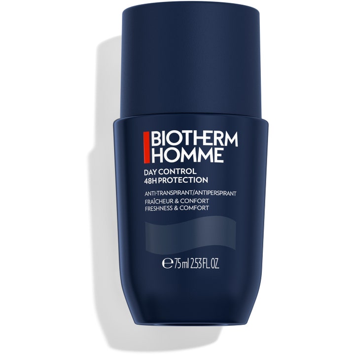 Biotherm Homme Day Control 75 ml antiperspirant herrdeodorant ger komfort i en mörkblå biotherm rollon med vit text.