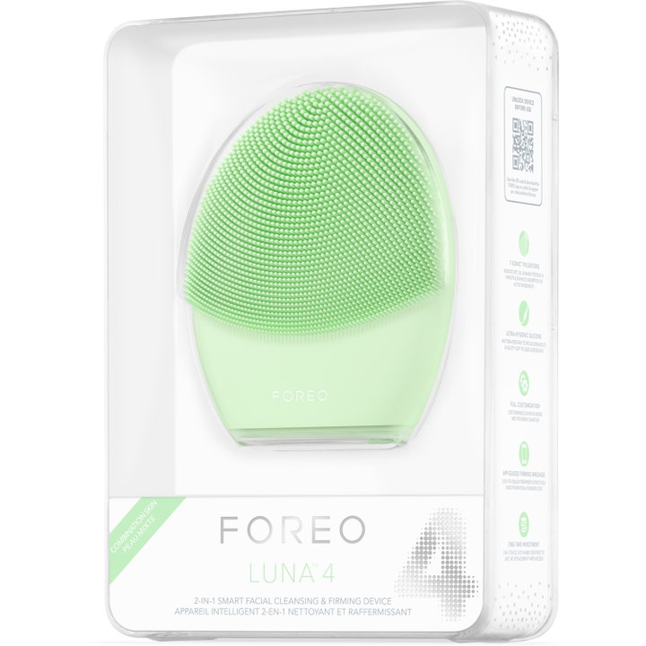 FOREO LUNA 4 1 st ger djuprengöring med ljusgrön ansiktsborste silikon foreo i vit ytterförpackning.