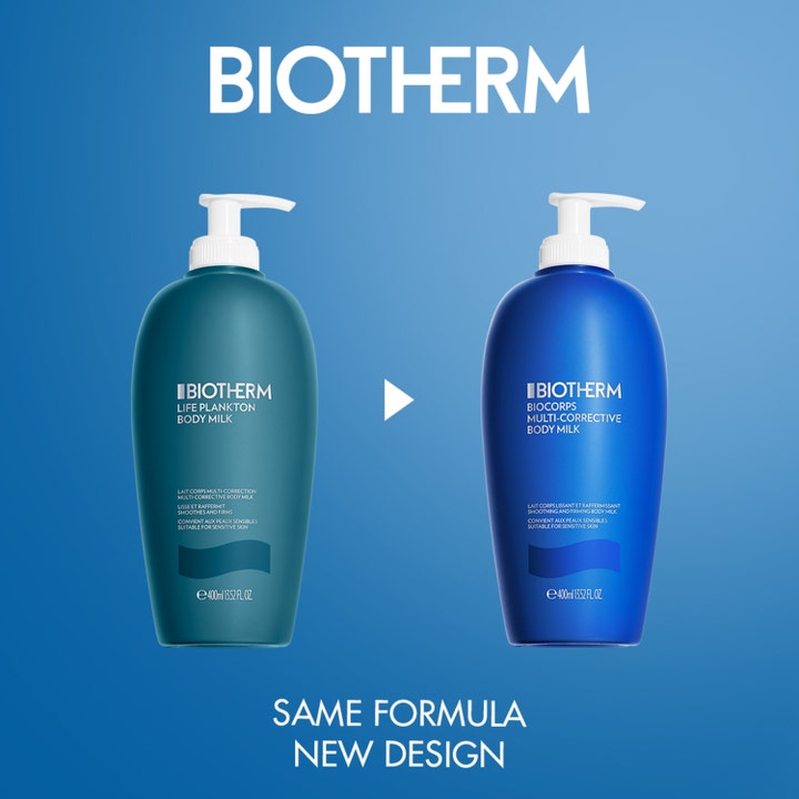 Biotherm Biocorps Multi-Corrective Body Milk 400 ml fast-stärkande kroppslotion i ny blå pumpflaska bredvid tidigare design.