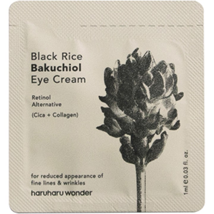 haruharu wonder Black Rice Bakuchiol Eye Cream 1 ml anti-aging bakuchiol ögonkräm i beige sachet med växtillustration.
