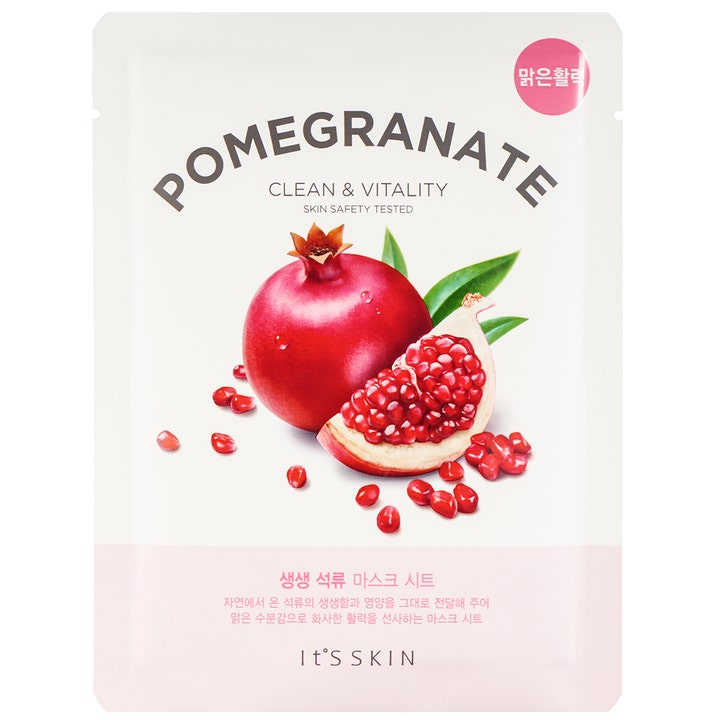 It's Skin Pomegranate Clean & Vitality 1 st granatäpple ansiktsmask ger lyster i vit förpackning med rött fruktmotiv.