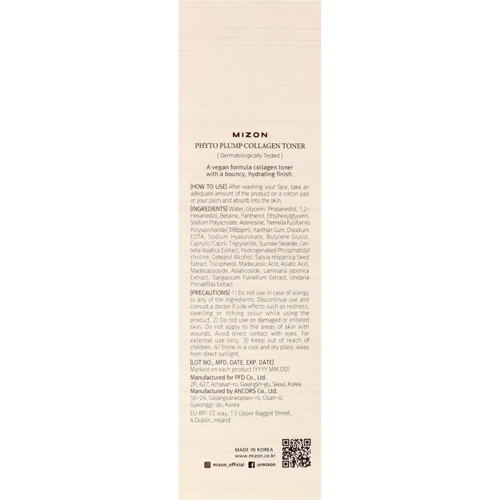 Mizon Phyto Plump Collagen Toner 150 ml vegansk återfuktande toner visar baksidan av beige ytterbox med ingredienser