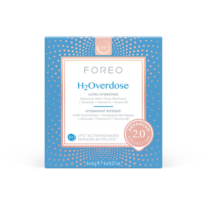 FOREO UFO H2Overdose 2.0 6-pack fuktgivande ansiktsmask i blå ask med rosa prickar och avancerad hyaluronsyra hudvård
