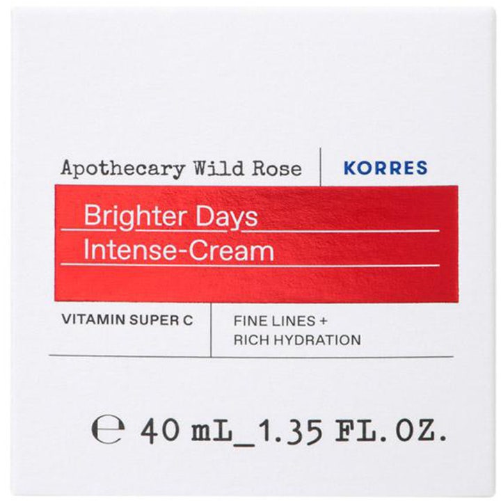 Korres Apothecary Wild Rose Brighter Days Intense-Cream 40 ml lystergivande dagkräm i vit ytterbox med rött textfält.