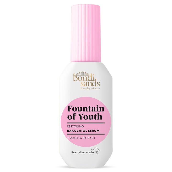 Bondi Sands Fountain of Youth 30ml australiskt bakuchiol serum i en vit flaska med rosa räfflad kork