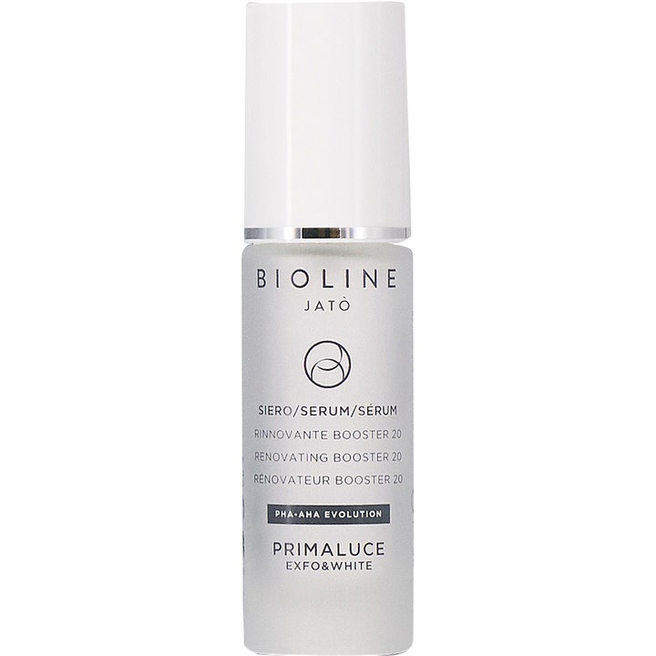 Bioline Jatò Primaluce Renovating Booster 20 antiaging serum aha pha ger jämn hud i en frostad glasflaska med vitt lock.
