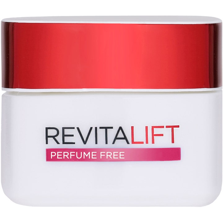 L'Oreal Revitalift Perfume Free 50 ml ger hudlyft och är en hypoallergen återfuktande ansiktskräm i vit burk med rött lock.