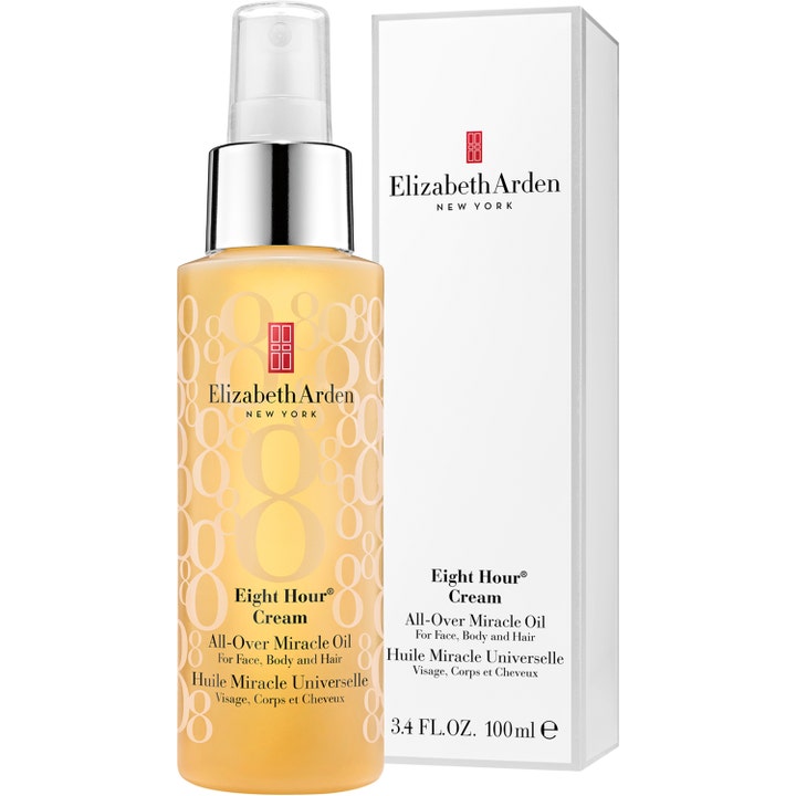 Elizabeth Arden Eight Hour All-Over Miracle Oil 100 ml återfuktande ansiktsolja i sprayflaska bredvid vit box