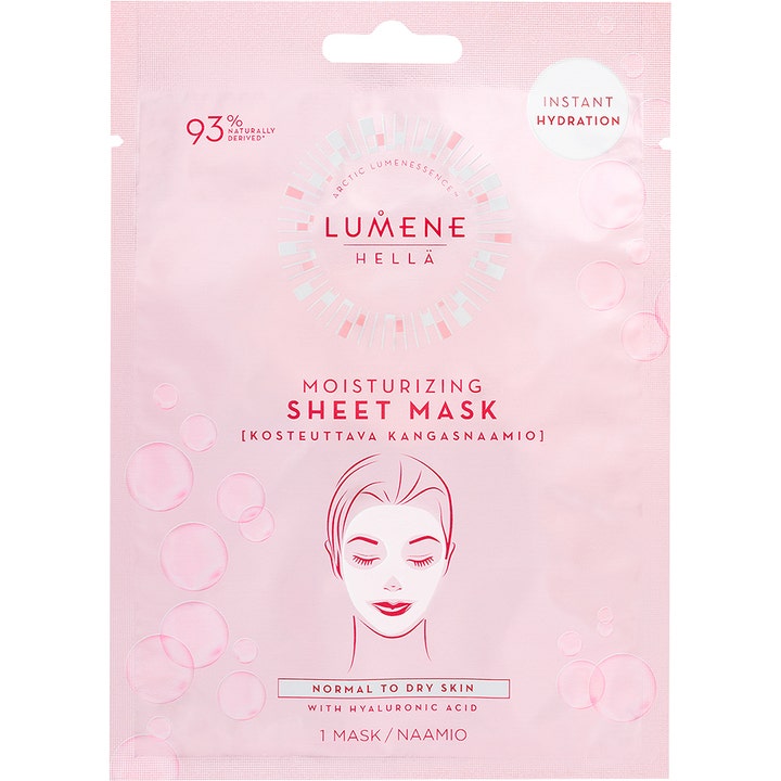 Lumene Hellä Moisturizing Sheet Mask 1 st fuktgivande sheet mask hyaluronsyra ger fukt i ljusrosa sachet med bubblor