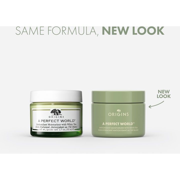 Origins A Perfect World 50 ml antioxidant återfuktande ansiktskräm med vitt te i ny grön burk och gammal design.