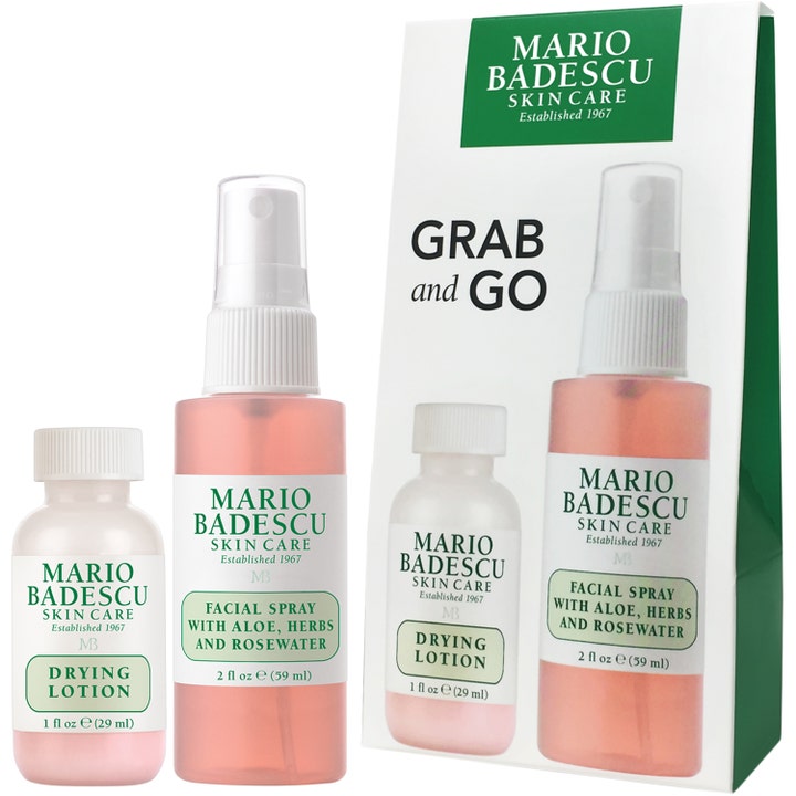 Mario Badescu Grab and Go hudvårdsset resestorlek 29ml och 59ml med blemmbehandling och ansiktsspray aloe i vit och grön ask