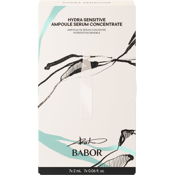 Babor Hydra Sensitive Ampoule Serum Concentrate 7x2 ml återfuktande serum i vit ask med svart och turkos linjekonst.