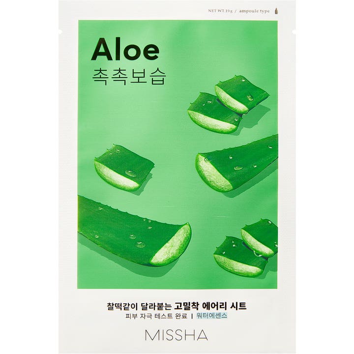 MISSHA Aloe Sheet Mask 19g återfuktande sheet mask för torr hud i grön förpackning med skurna aloe vera-blad