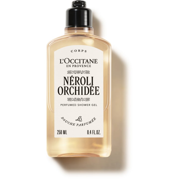L'Occitane Néroli & Orchidée 250 ml parfumerad duschgel i genomskinlig flaska med ljust bärnstensfärgad gel.