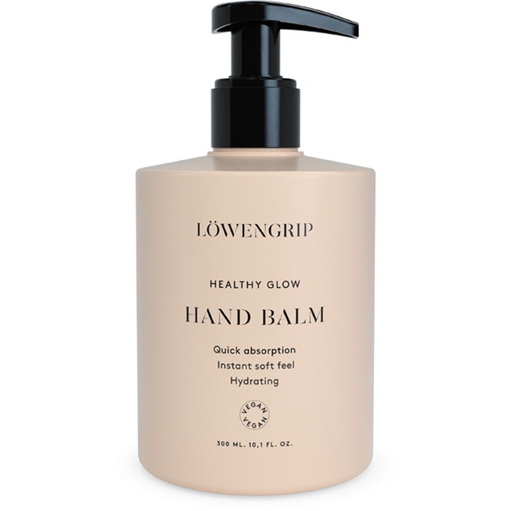 Löwengrip Healthy Glow Hand Balm 300 ml fuktgivande handbalm i beige flaska med svart pump för torr hud vegansk