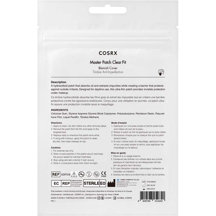 COSRX Master Patch Clear Fit 18 st hydrokolloid plåster baksida av förpackning med instruktioner