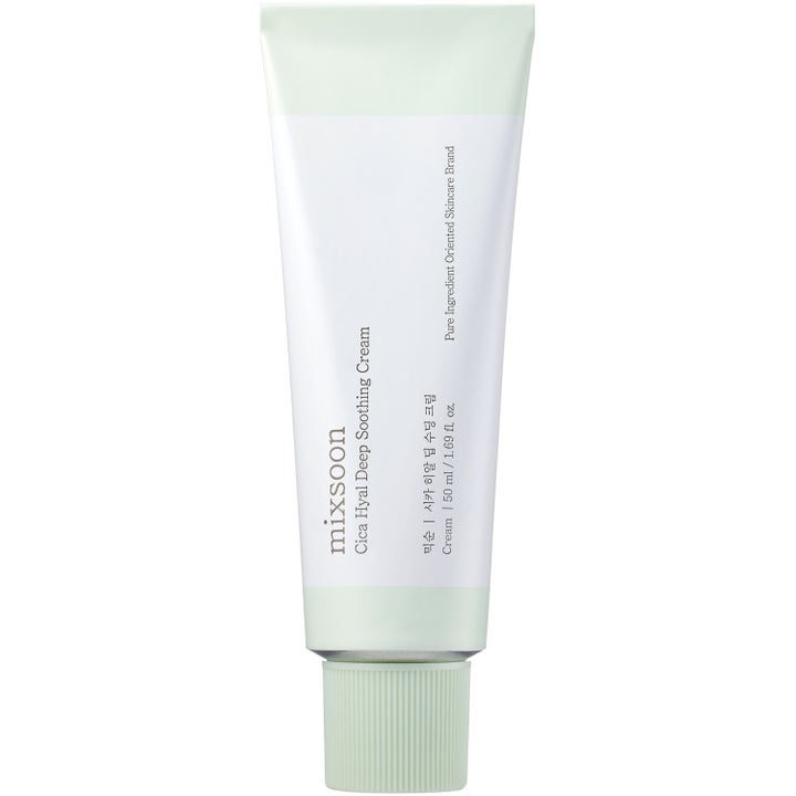 Mixsoon Cica Hyal Deep Soothing Cream 50 ml lugnande ansiktskräm i vit tub med mintgröna detaljer och räfflad kork
