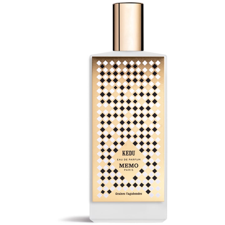 Memo Paris Kedu Eau de Parfum 75 ml lyxig nischparfym i vit flaska med guldlock och grafiskt rutmönster