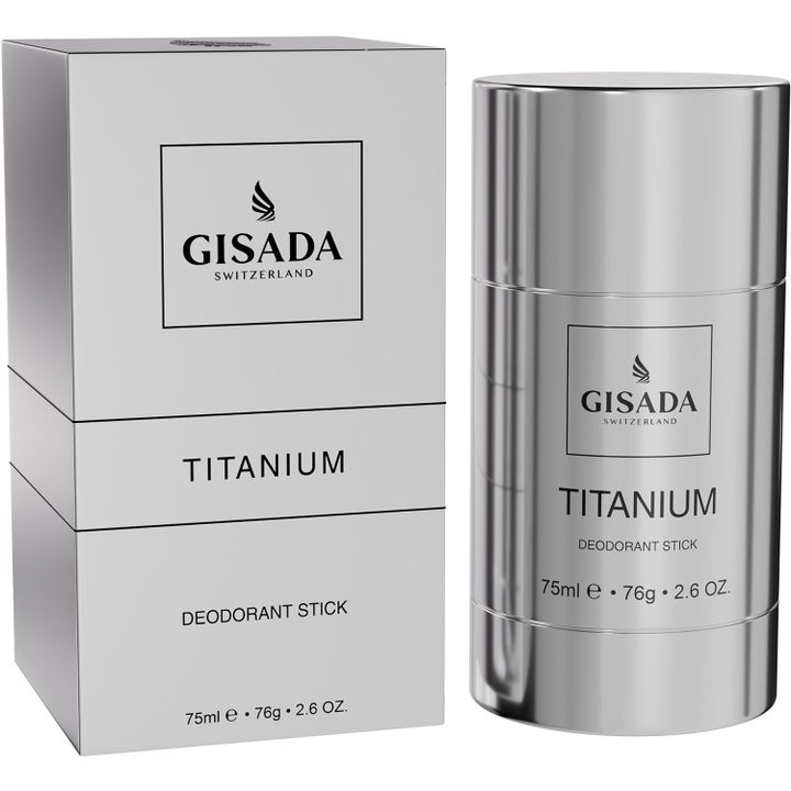 Gisada Titanium 75ml deodorant stick som ger fräschör i en elegant silverfärgad metallhylsa och matchande box.