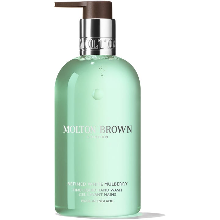 Molton Brown Refined White Mulberry 300ml exklusiv handtvål pump med ljusgrön aromatisk gel och silvriga detaljer