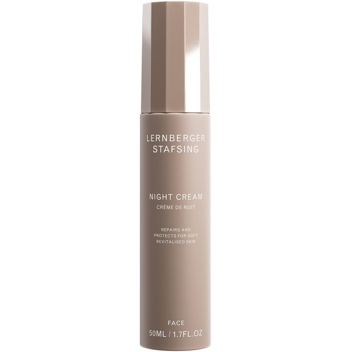 Lernberger Stafsing Night Cream 50ml skyddande återfuktande nattkräm i en stilren beige flaska med facetterad kork.
