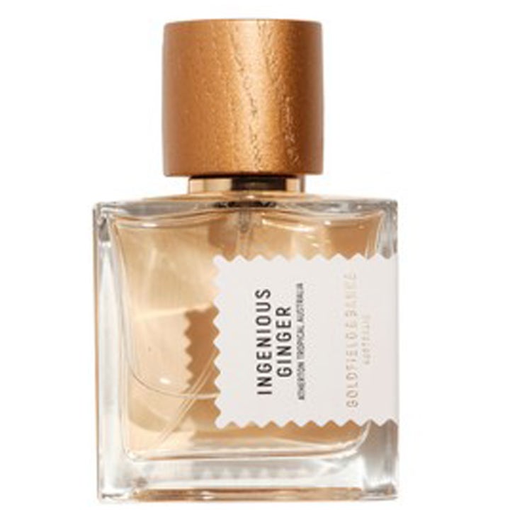 Goldfield & Banks Ingenious Ginger 50 ml parfym med ingefära i glasflaska med guldfärgad vätska och trälock
