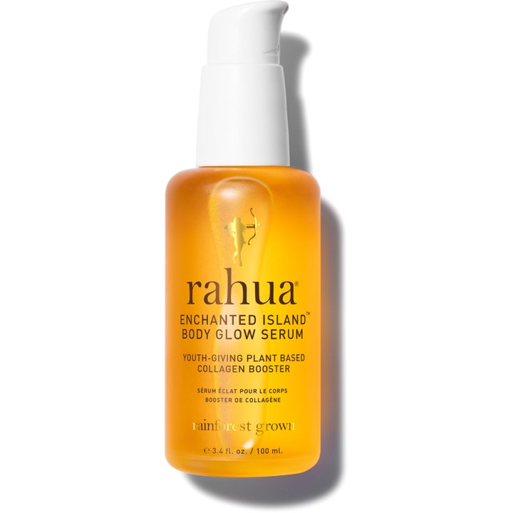Rahua Enchanted Island Body Glow Serum 100 ml lystergivande anti-age kroppsserum i genomskinlig flaska med vit pump.