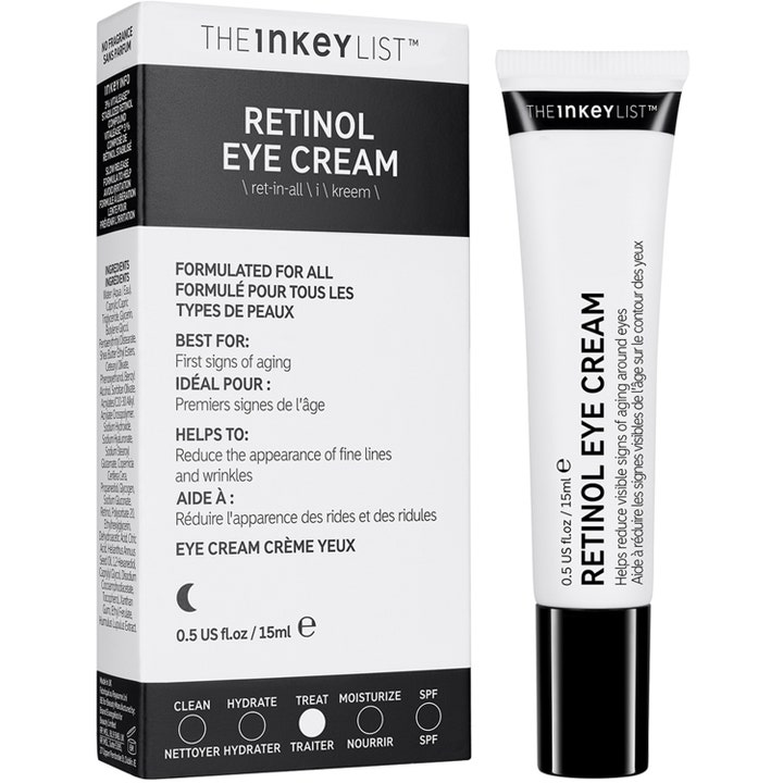 The INKEY List Retinol Eye Cream 15 ml anti-rynk ögonkräm retinol i vit tub och ytterkartong som motverkar fina linjer.