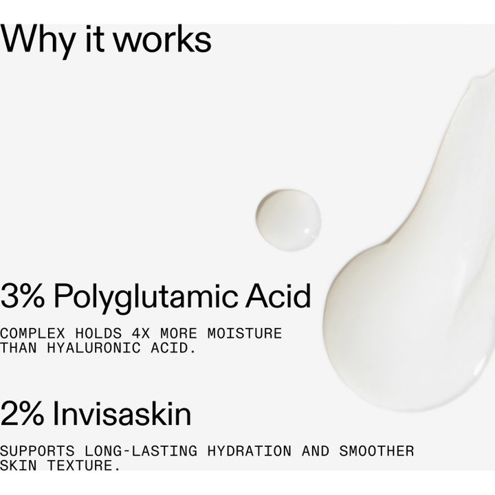 The INKEY List Polyglutamic Acid Serum 30 ml återfuktande serum visar krämig vit textur och text om polyglutaminsyra