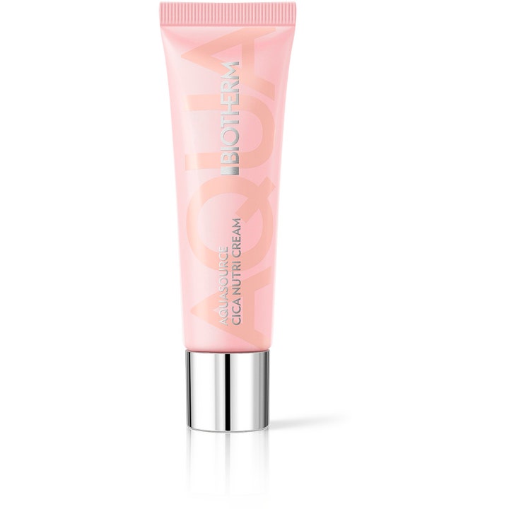 Biotherm Aquasource Cica Nutri Cream närande ansiktskräm i ljusrosa tub med silverkork för torr hud