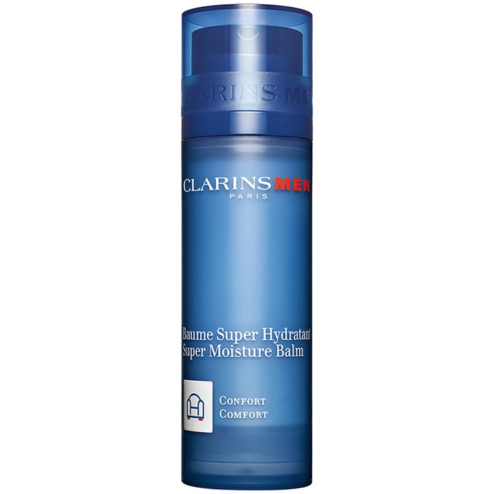 ClarinsMen Super Moisture Balm återfuktande ansiktskräm i en blå frostad pumpflaska som ger huden intensiv komfort.