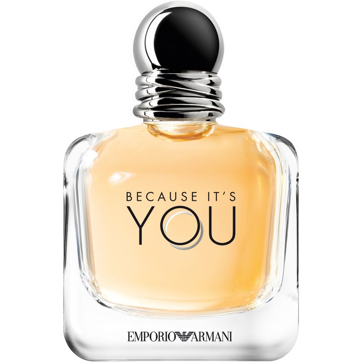 Armani Because It’s You 100ml eau de parfum för dam i glasflaska med guldgul vätska och silverkork med ringar