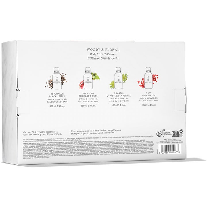 Molton Brown Body Quad 400 ml presentset med baksidan av förpackningen och ingredienslista.