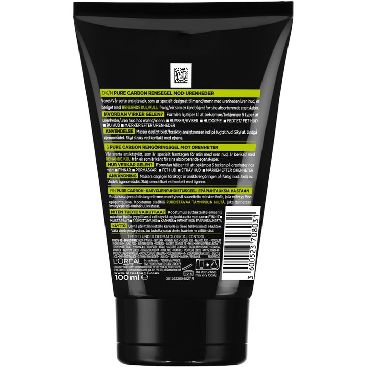 L'Oréal Paris Pure Charcoal Wash 100 ml baksidan av tuben med beskrivande text för ansiktstvätt för män med aktivt kol