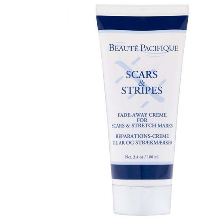 Beauté Pacifique Scars & Stripes 100 ml ärrkräm och bristningskräm i vit tub med blå detaljer och skruvkork.