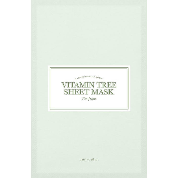 I'm from Vitamin Tree Sheet Mask 22ml lystergivande ansiktsmask i ljusgrön engångsförpackning med vit etikett