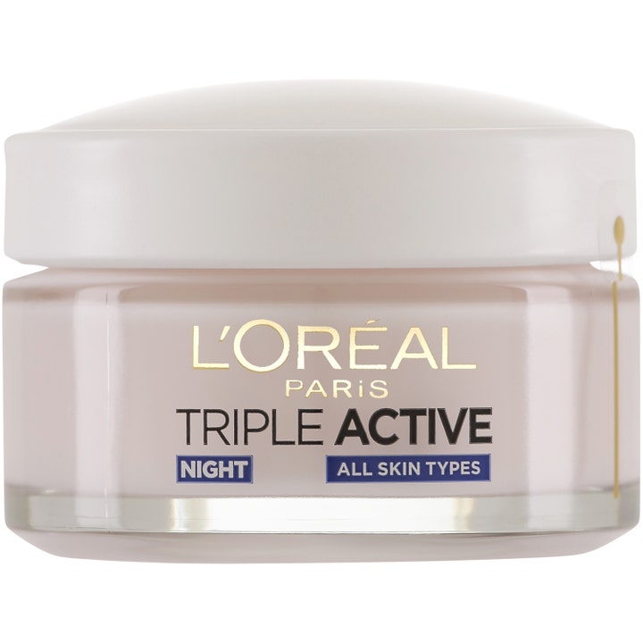 L'Oréal Triple Active Night 50 ml återfuktande nattkräm i en genomskinlig glasburk med vitt lock.