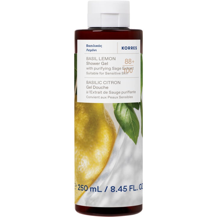 Korres Basil Lemon Shower Gel 250 ml rengörande duschgel i mörk flaska med motiv av citron och basilika.