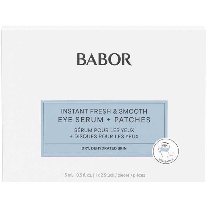 Babor Instant Fresh & Smooth Eye Serum + Patches 30 ml fuktgivande ögonserum i vit box med ljusblå etikett