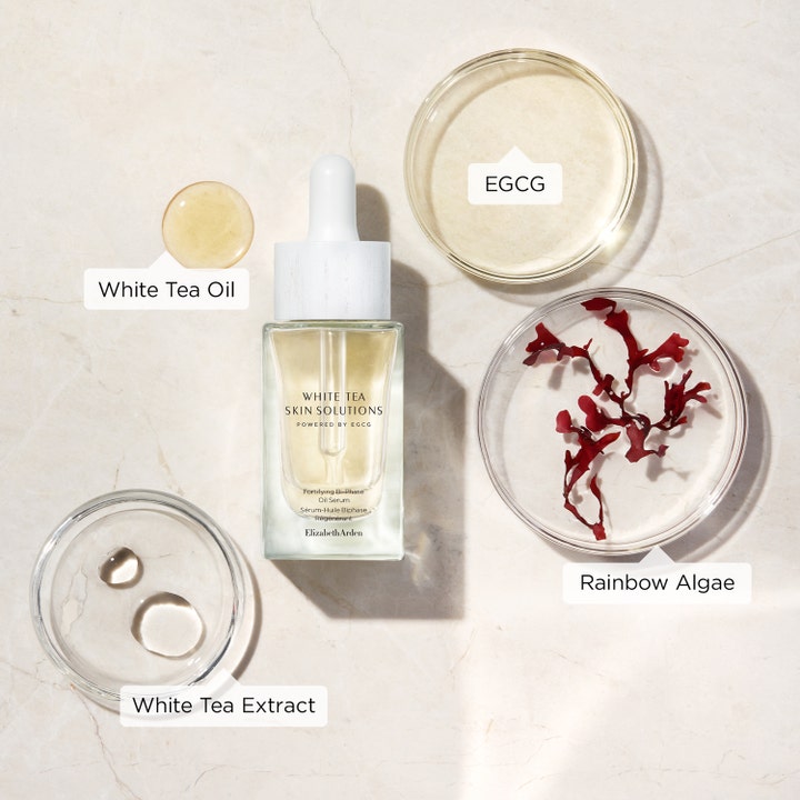 Elizabeth Arden White Tea serum 30 ml anti aging ansiktsolja omgiven av ingredienser som EGCG och rainbow algae.