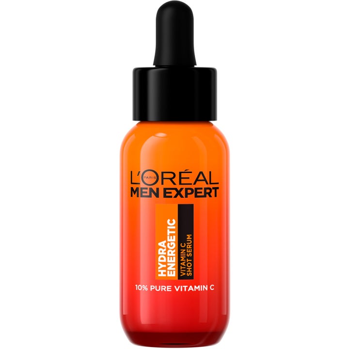 L'Oréal Men Expert Hydra Energetic Vitamin C Shot Serum 30 ml ger lyster i en orange glasflaska med svart pipett.