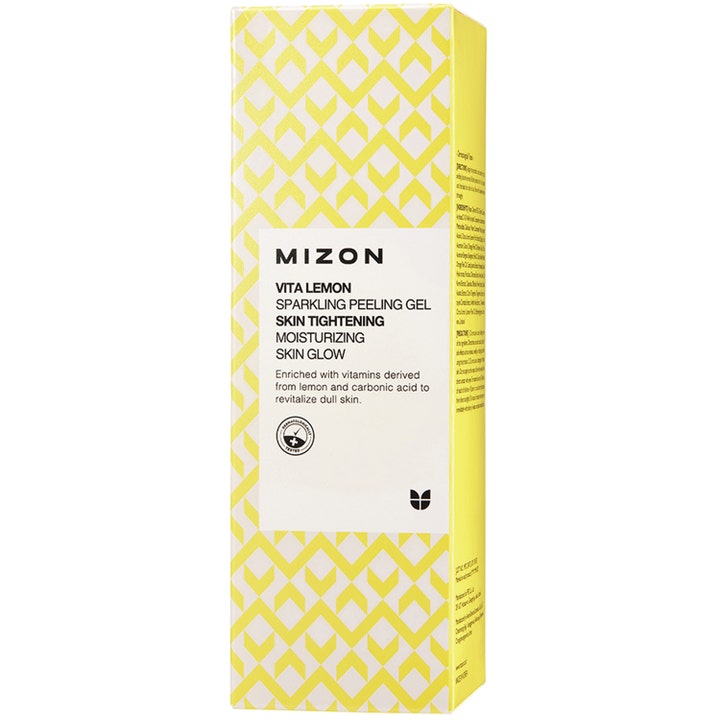 Mizon Vita Lemon Sparkling Peeling Gel 145 g lystergivande peelinggel i gulvit geometriskt mönstrad förpackning