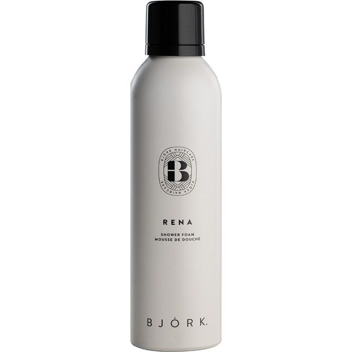Björk Rena 200 ml mjukgörande duschskum i stilren vit flaska med svart lock som ger en ren känsla.
