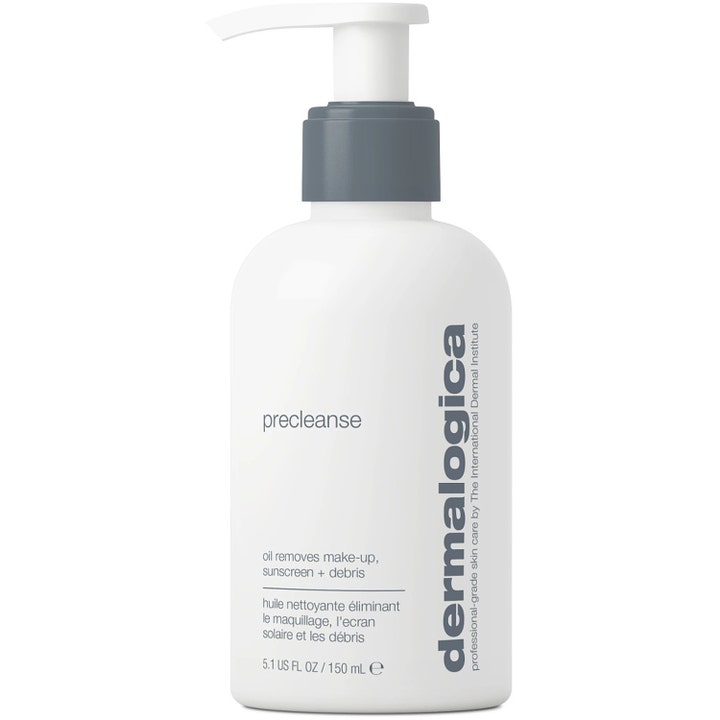 Dermalogica Precleanse 150 ml oljebaserad rengöring för sminkborttagning i vit plastflaska med vit pump och grå krage