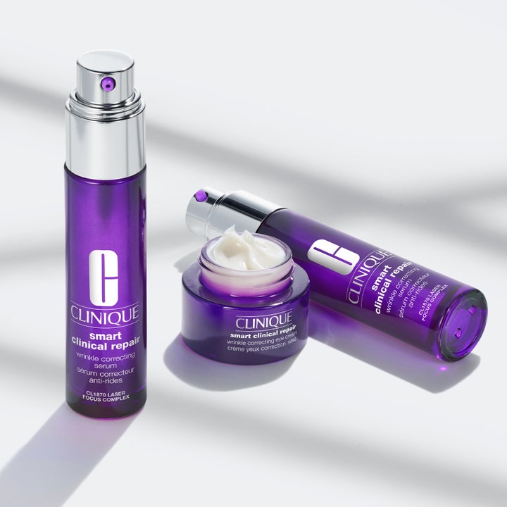 Clinique Smart Clinical Repair 15 ml kliniskt testad ögonkräm med peptides i lila glasburk intill matchande serum.