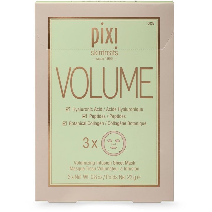 Pixi Volume Sheet Mask 3-pack botanisk kollagen ansiktsmask för volym i ljusrosa och grön kartong