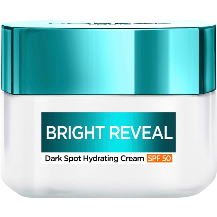 L'Oréal Paris Bright Reveal Dark Spot Hydrating Cream SPF 50 i glasburk med turkost lock ger jämnare hudton.