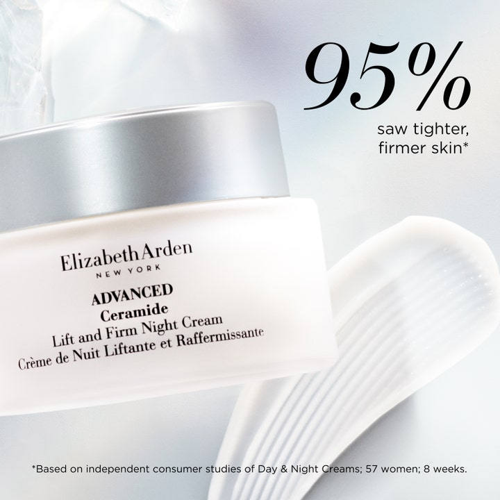 Elizabeth Arden Ceramide nattkräm 50 ml i vit burk med silverlock och krämig textur för lyft och 95% fastare hud.